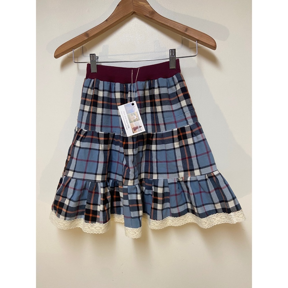 Girls Midi Mom and Pop's Kids Skirt Sz 5 Blue Plaid Flannel Upcycle Lace Western